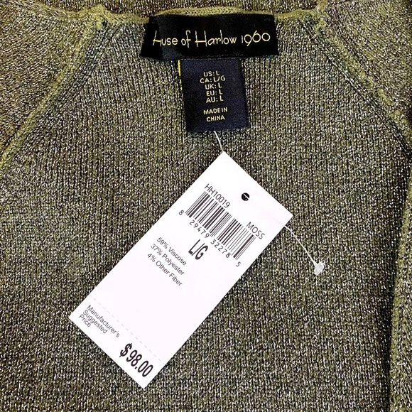 House Of Harlow 1960 Silver Metallic Shimmer Moss Green Stretch Knit Top Size L - Picture 8 of 11